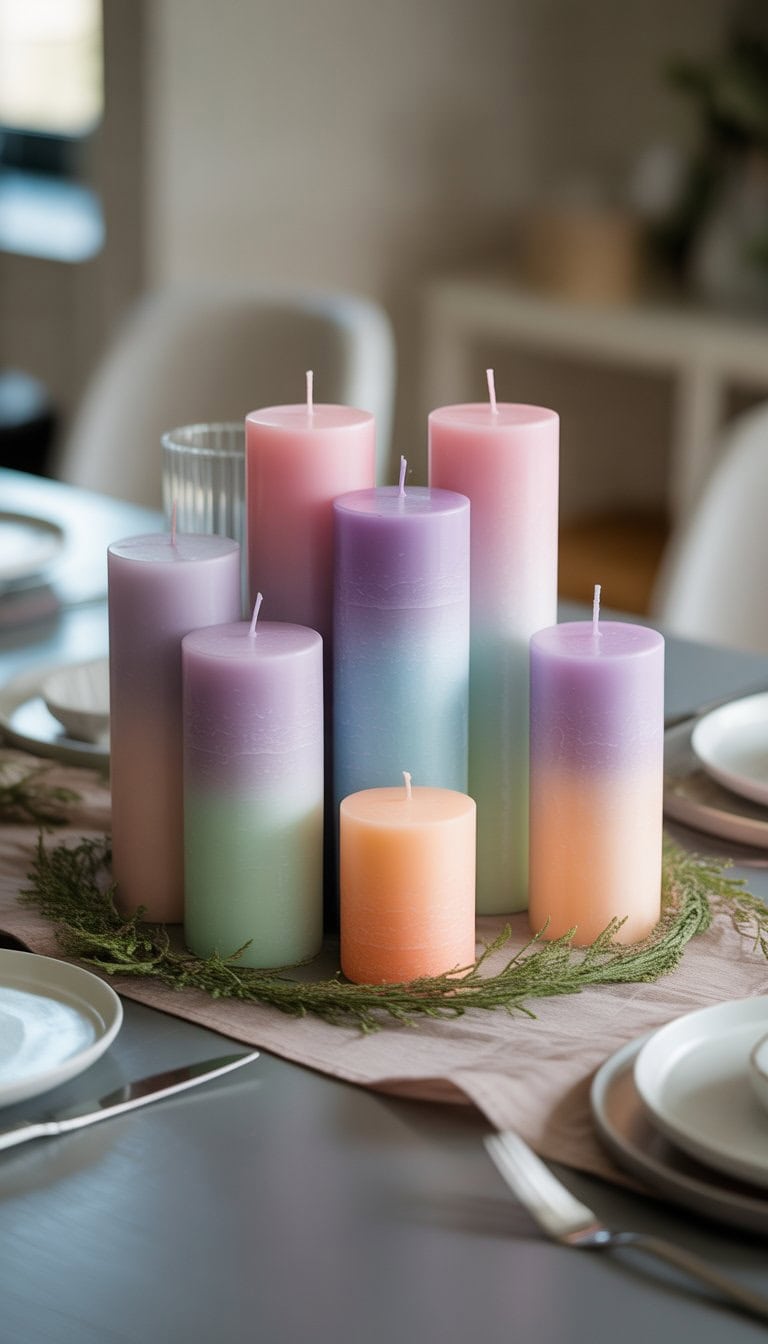 A dining table with a centerpiece of dip-dyed candles in pastel gradient colors arranged with greenery accents.