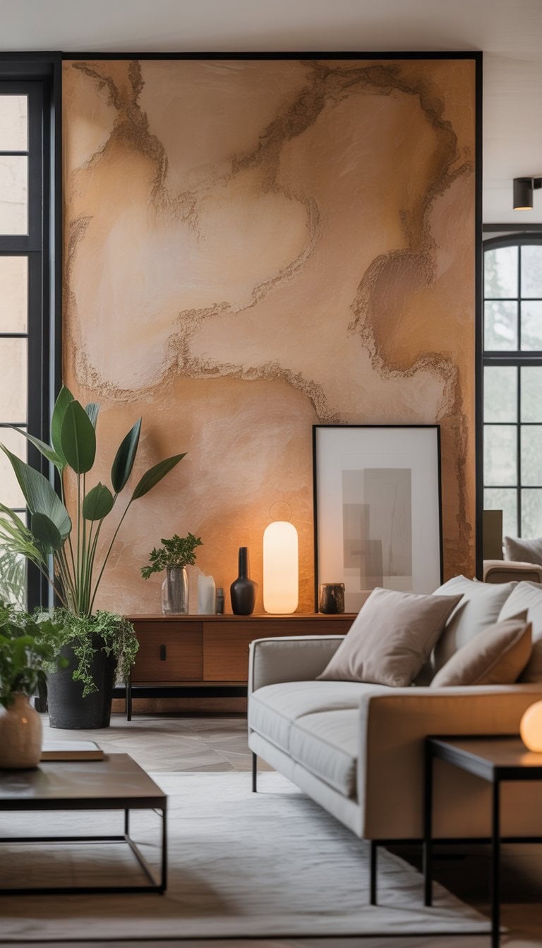 A modern living room with a textured plaster accent wall, a sofa, coffee table, plants, and natural light coming through large windows.