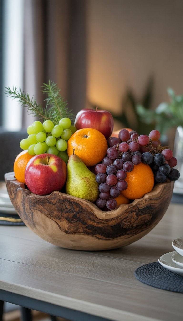 A wooden bowl filled with a variety of fresh seasonal fruits placed on a dining table.