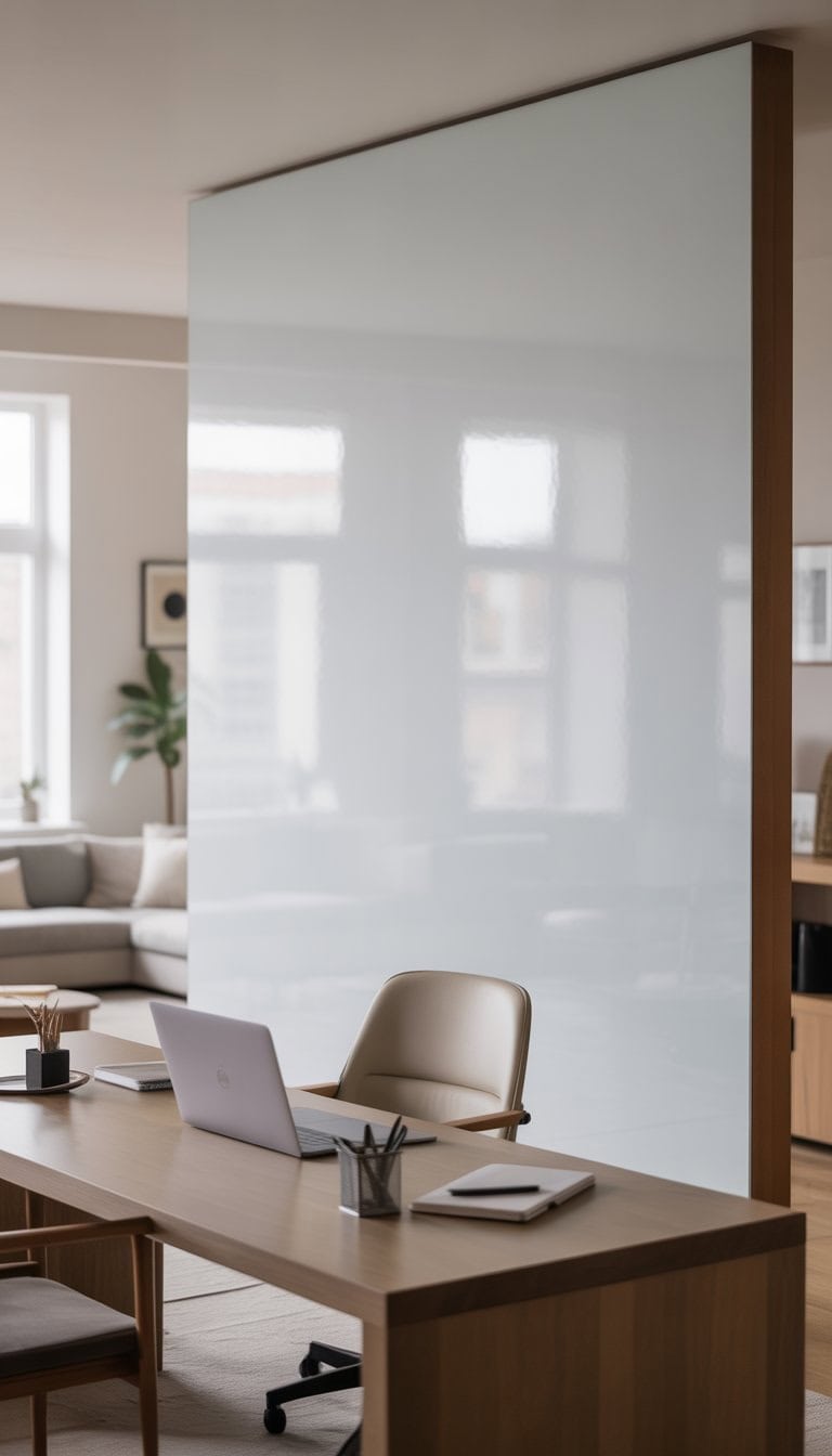 A home office setup with a large whiteboard wall, a wooden desk with a laptop, an ergonomic chair, and a small plant in a bright living room.