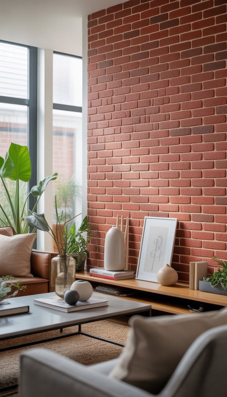 A living room with a red brick accent wall, a sofa, coffee table, plants, and natural light coming through large windows.