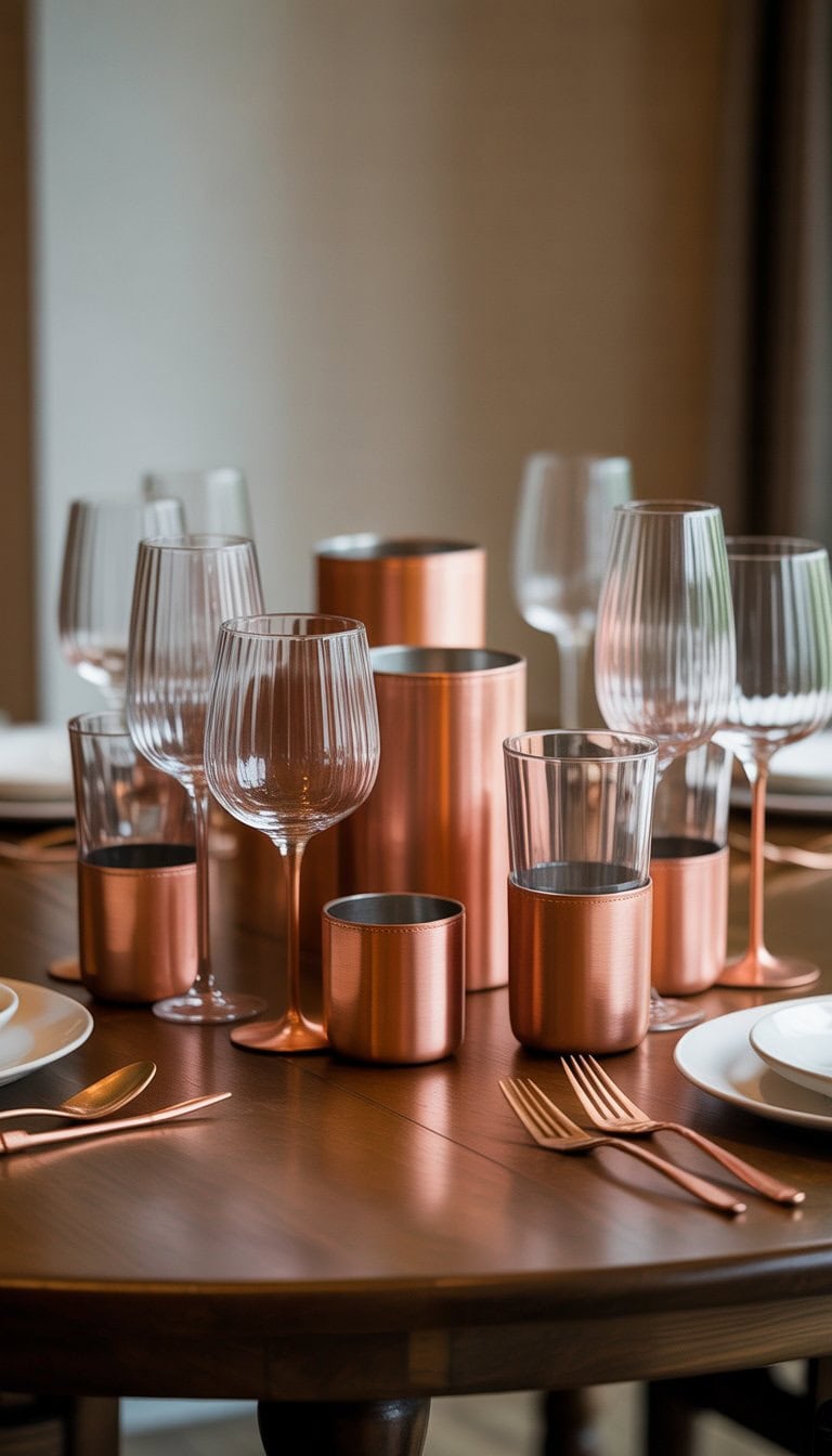 A dining table with a 19-piece copper glassware set wrapped in leather arranged as a centerpiece.