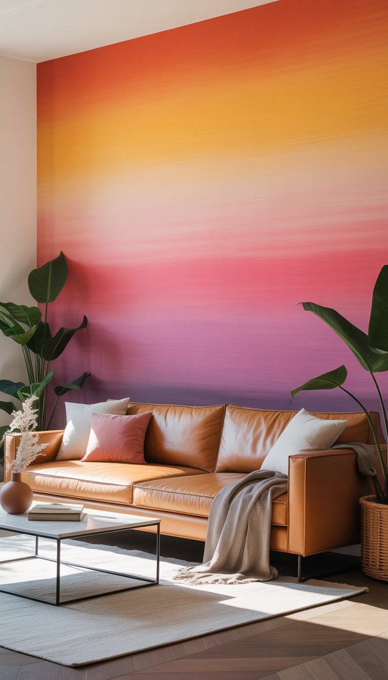 A living room with a large wall painted in sunset colors transitioning from orange to pink and purple, furnished with a sofa, coffee table, and plants.