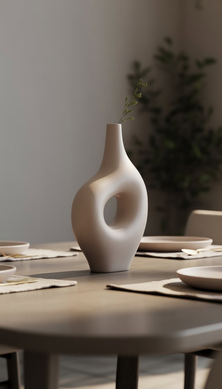 A sculptural ceramic vase placed in the center of a wooden dining table with soft natural lighting.