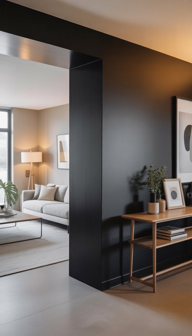 A living room entryway with a matte black accent wall, light gray sofa, wooden console table, and decorative plants.