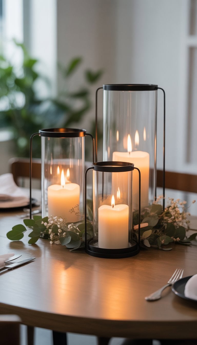 Three hurricane lanterns with lit scented candles arranged as a centerpiece on a wooden dining table, surrounded by green leaves and white flowers.