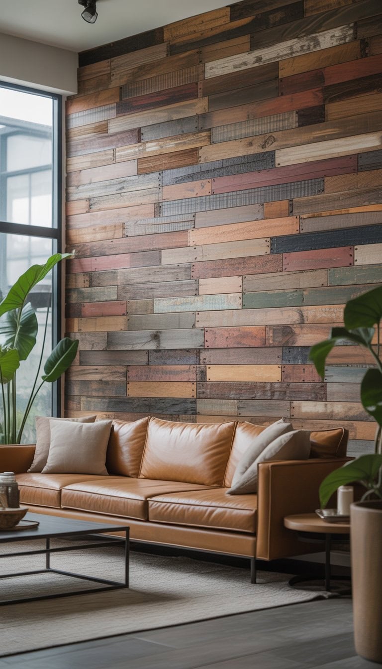 Living room with a reclaimed wood panel accent wall behind a sofa, decorated with plants and natural light.