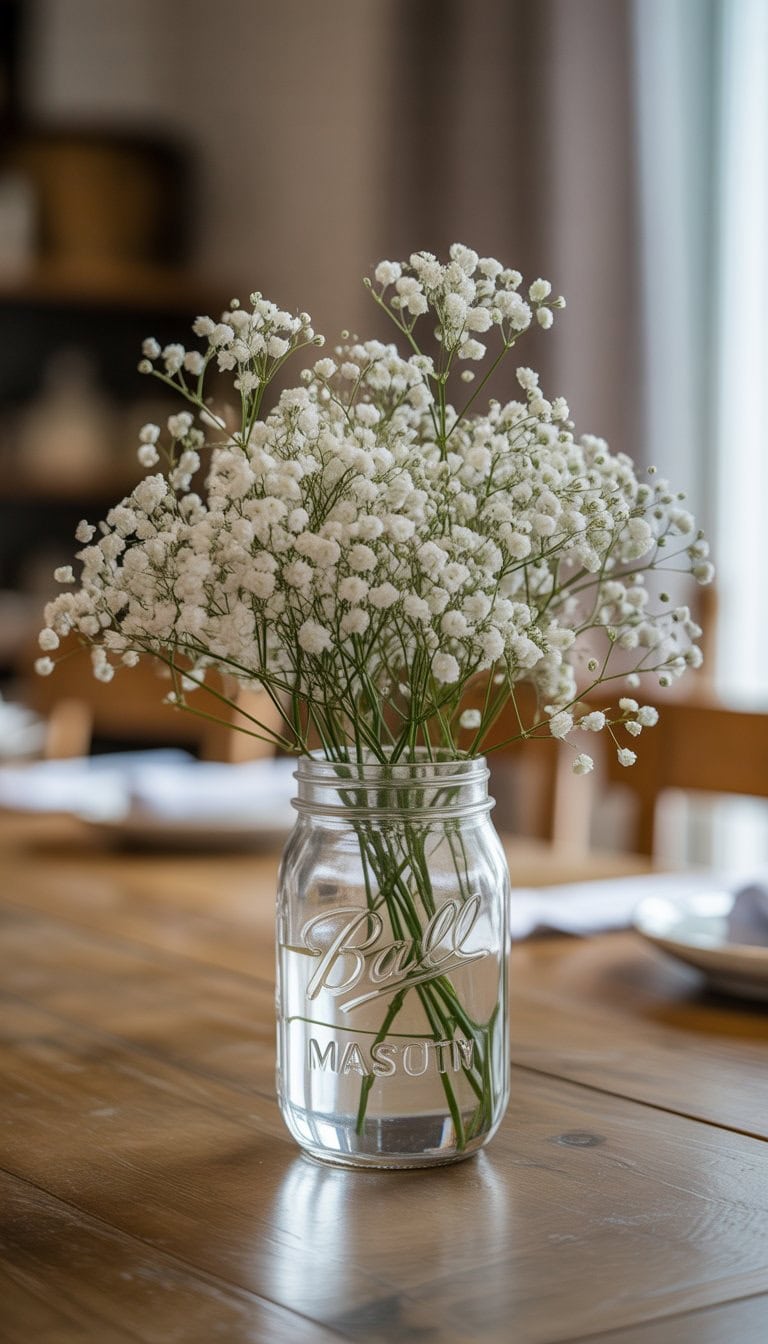 A mason jar filled with white baby's breath flowers sitting on a wooden dining table.