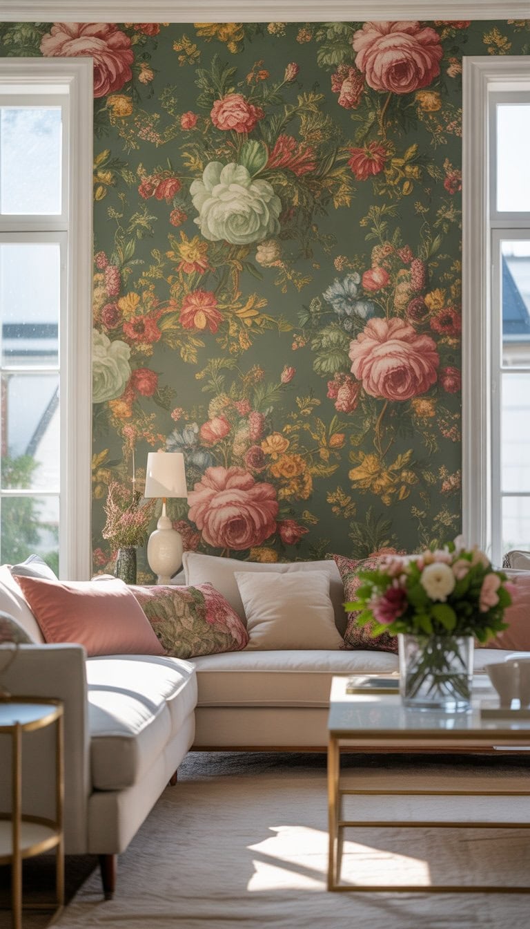 A living room with a floral wallpaper accent wall, sofa, coffee table, and natural light coming through windows.