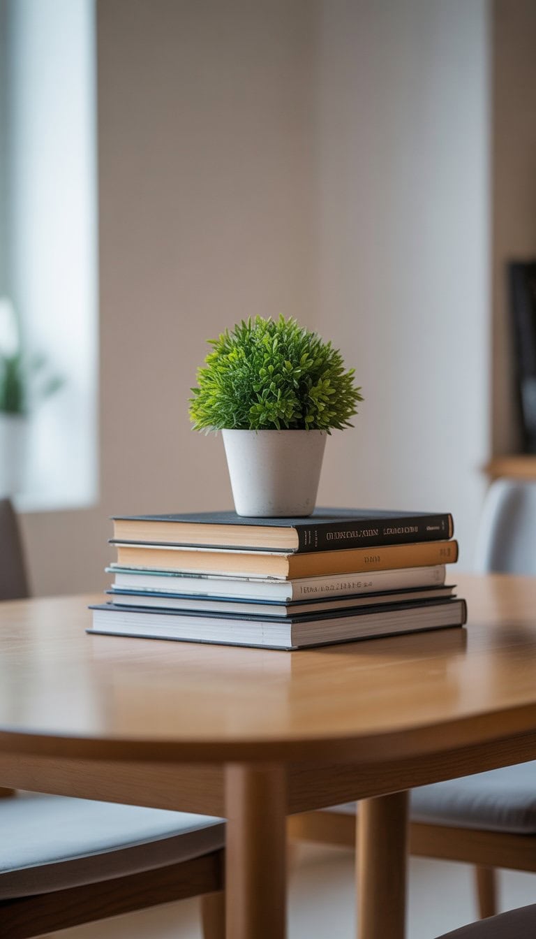 A stack of books with a small potted plant on top placed in the center of a dining table.
