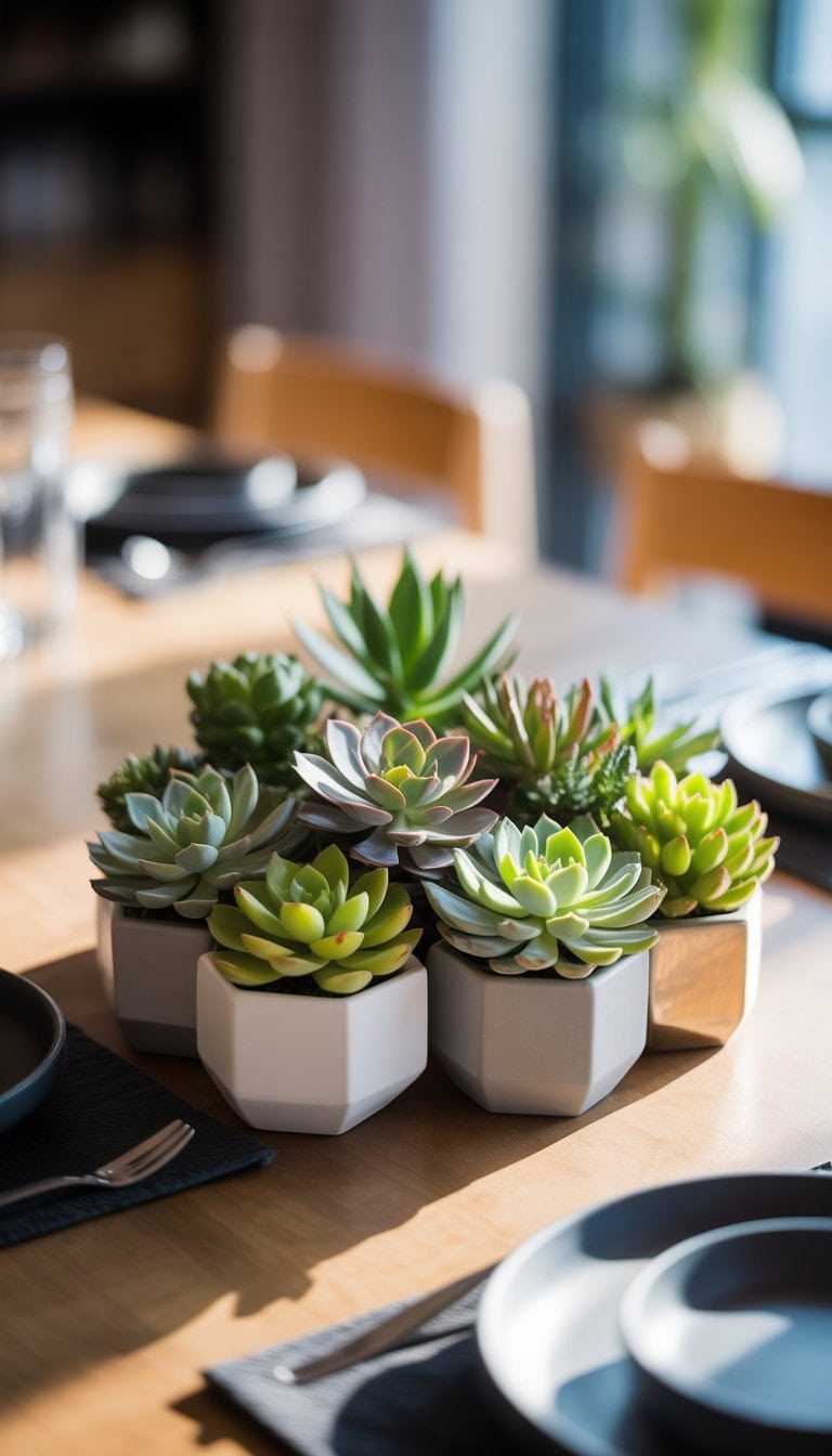 A dining table with clustered succulents in geometric planters arranged as a centerpiece.
