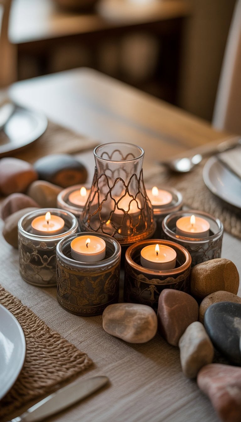 A dining table with a vintage tealight holder set surrounded by decorative rocks as a centerpiece, with lit candles glowing softly.