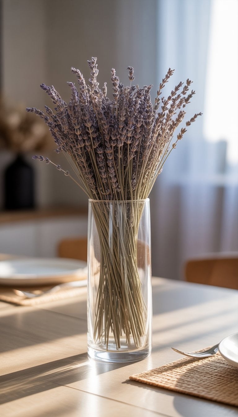 Tall clear glass vase with dried lavender stems arranged on a wooden dining table.