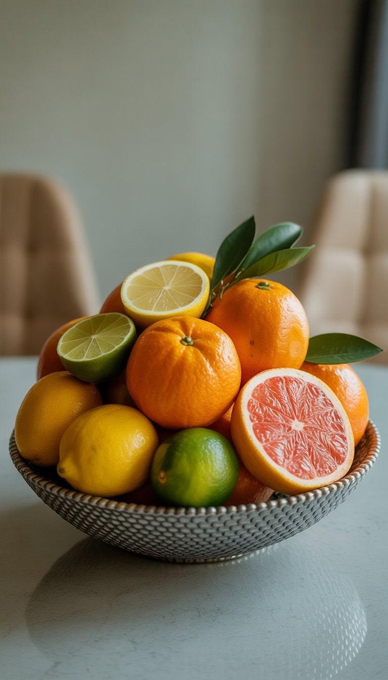A decorative bowl filled with assorted citrus fruits on a dining table.