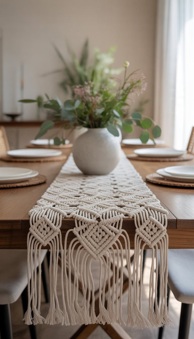 A wooden dining table with a handmade macrame table runner and a ceramic vase filled with flowers at the center.
