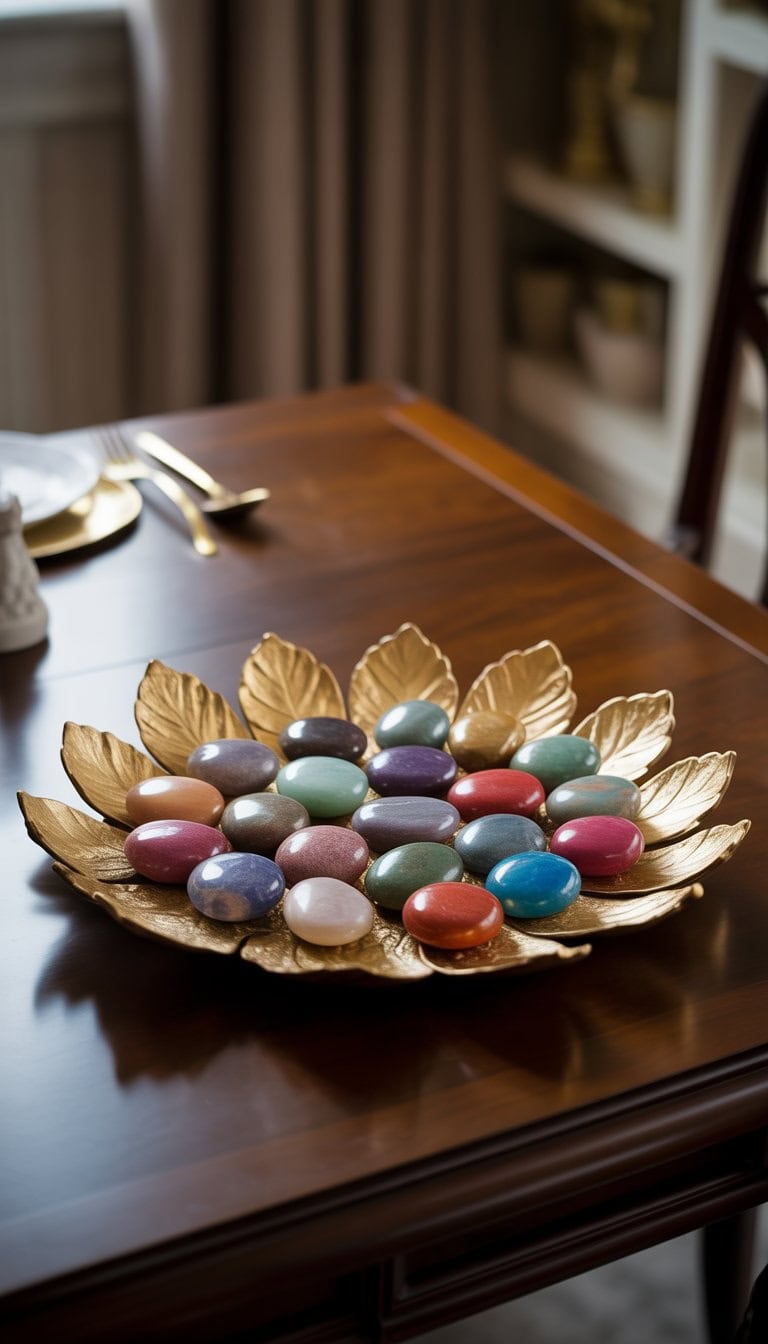 A gold leaf decorative tray filled with colorful stones placed on a dining table.