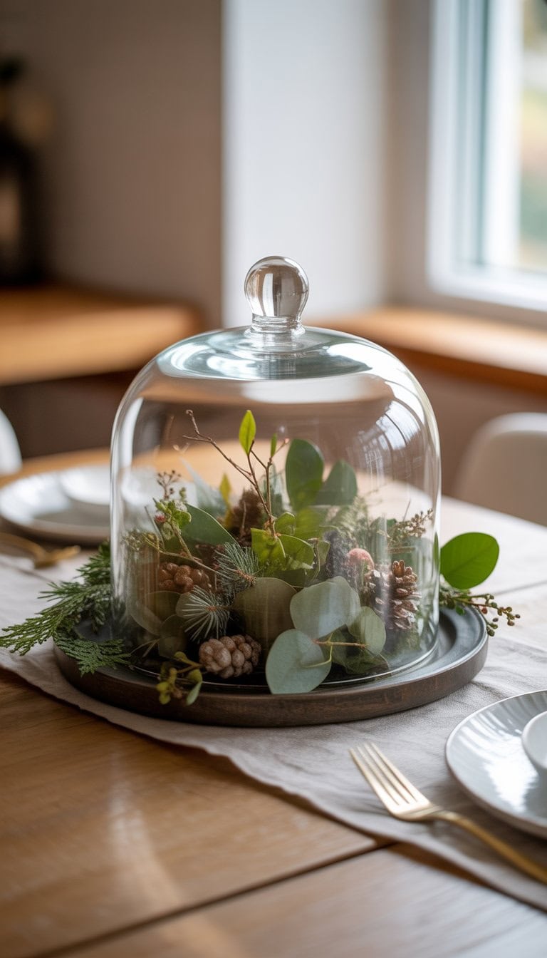 A glass cloche covering a seasonal greenery centerpiece on a wooden dining table.